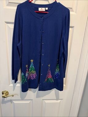 Women’s Navy Blue Button Cardigan with Embroidered Holiday Trees